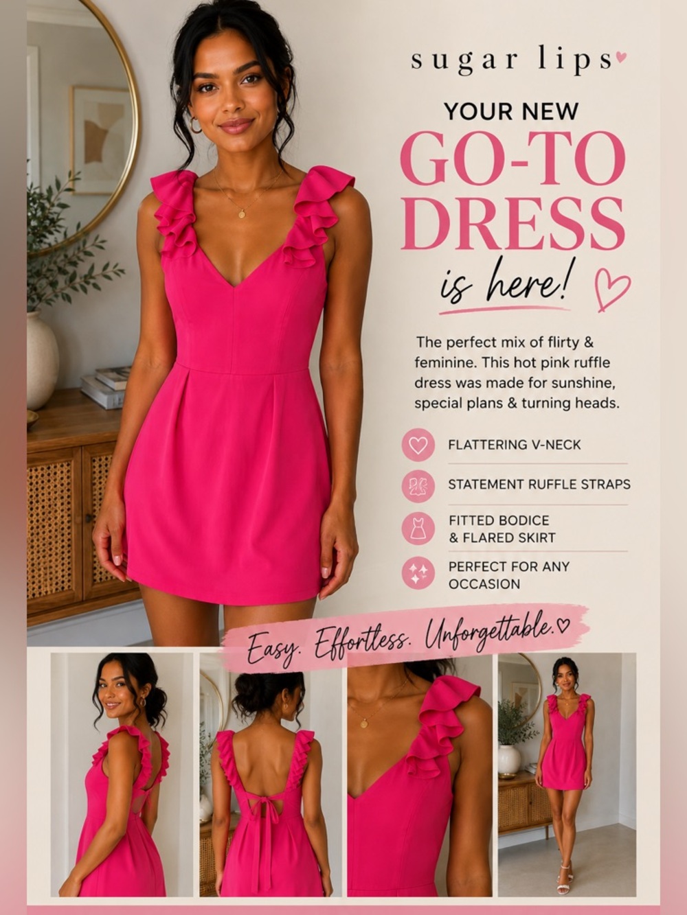 💖 Sugarlips Hot Pink Ruffle Strap V-Neck Mini Dress 💖